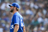 Kansas City Royals starting pitcher Jordan Lyles reacts during the third inning of a baseball game against the Seattle Mariners, Saturday, Aug. 26, 2023, in Seattle. (AP Photo/Lindsey Wasson)