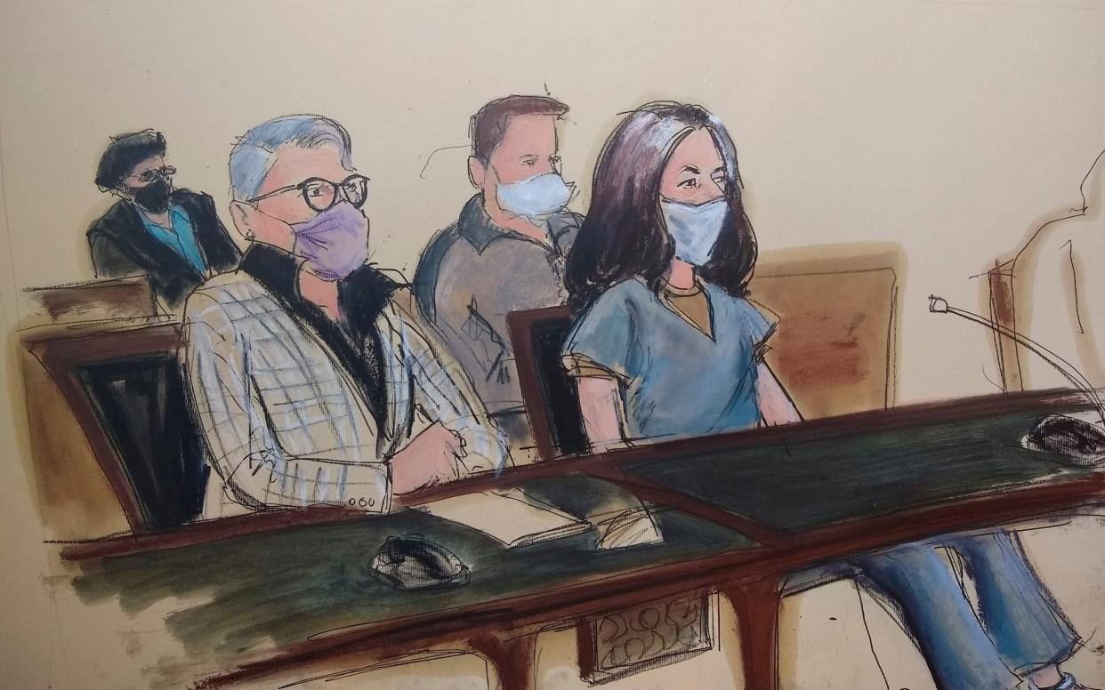 In this courtroom sketch Ghislaine Maxwell, far right, appears in Manhattan Federal court seated next to her attorney Bobbi C. Sternheim, second from left, along with her sister Isabel Maxwell, far left - Elizabeth Williams /AP