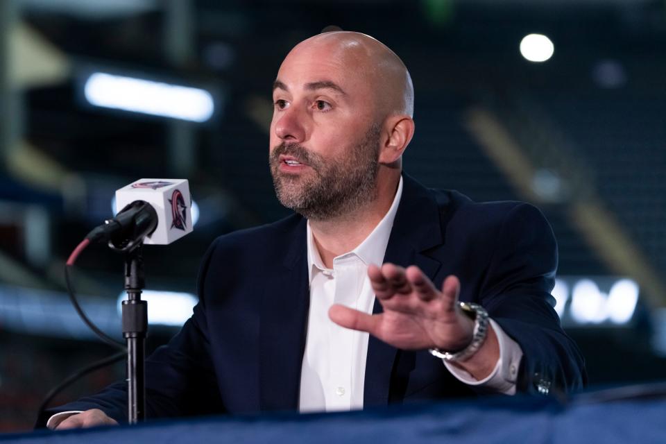 Sep 18, 2023; Columbus, Ohio, USA; New head coach Pascal Vincent answers questions during the Columbus Blue Jackets media day prior to the start of training camp at Nationwide Arena.