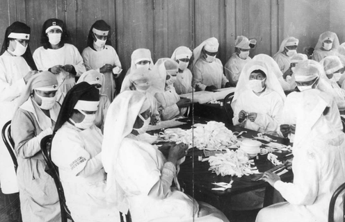 <span class="caption">Red Cross nurses in San Francisco, 1918. </span> <span class="attribution"><span class="source">Wikimedia</span></span>