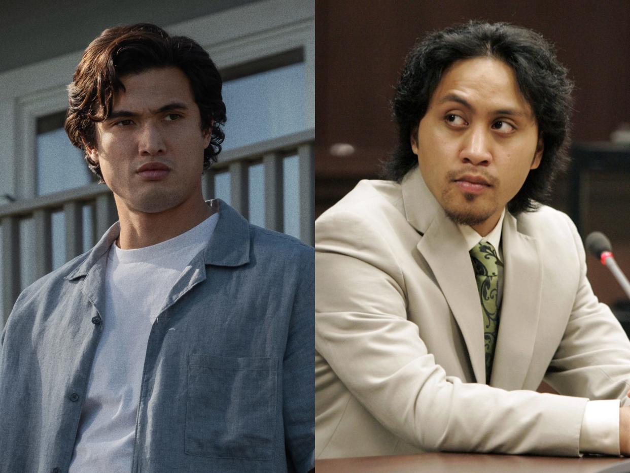 left: charles melton as joe yoo in may december, standing in a white shirt and blue overshirt and looking intently; right: vili fualaau sitting in court, wearing a grey suit and green tie