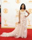 Kerry Washington, wearing Marchesa, arrives at the 65th Primetime Emmy Awards at Nokia Theatre on Sunday Sept. 22, 2013, in Los Angeles. (Photo by Jordan Strauss/Invision/AP)