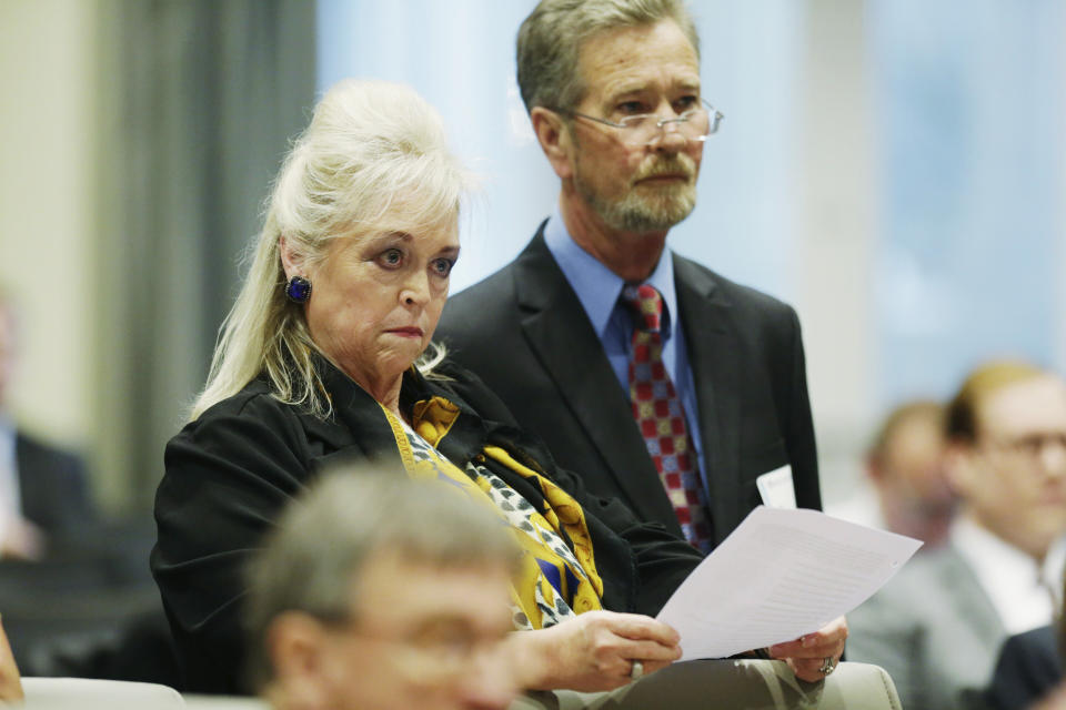 Attorney Cynthia Singletary, left, pauses as she speaks during a public evidentiary hearing on the 9th Congressional District investigation at the North Carolina State Bar in Raleigh, N.C., Monday, Feb. 18, 2019. (Juli Leonard/The News & Observer via AP, Pool)