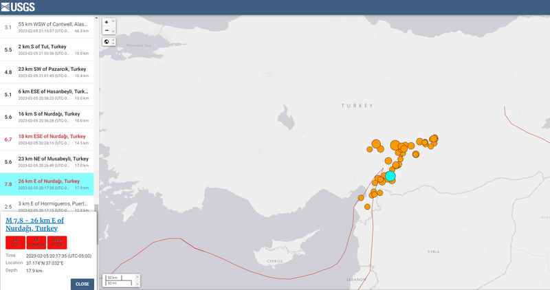 Screenshot of USGS earthquake map