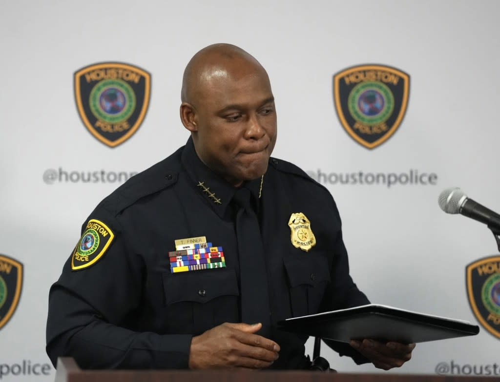 Houston Police Chief Troy Finner speaks to the media during a news conference, Thursday, March 7, 2024, at the police department’s headquarters about the more than 264,000 cases, including more than 4,000 dealing with sexual assault, that were dropped over the past eight years due do a lack of personnel. (Karen Warren/Houston Chronicle via AP)