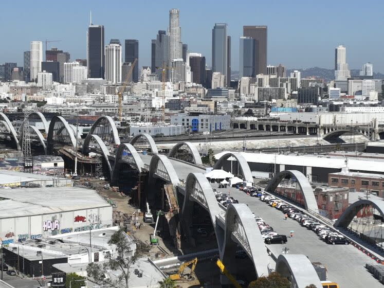 Los Angeles, CA - April 14: An aerial view of the Sixth Street Viaduct currently under construction and scheduled to open this summer as Los Angeles Mayor Eric Garcetti gives his state of the city address in Los Angeles Thursday, April 14, 2022. (Allen J. Schaben / Los Angeles Times)