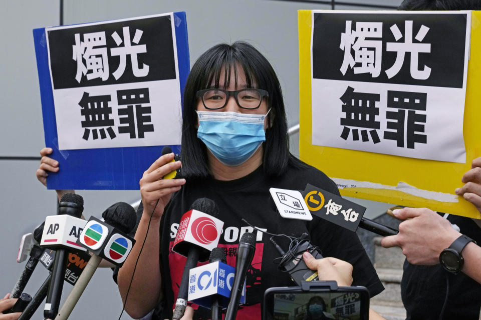 FILE - Chow Hang-tung, Vice Chairperson of the Hong Kong Alliance in Support of the Democratic Patriotic Movements of China, leaves after being released on bail at a police station in Hong Kong, June 5, 2021. Three former organizers, including Chow, of Hong Kong's annual vigil in remembrance of victims of China’s 1989 crackdown on pro-democracy protests were jailed Saturday, March 11, 2023, for four and a half months for failing to provide authorities with information on the group in accordance with a national security law.(AP Photo/Kin Cheung, File)