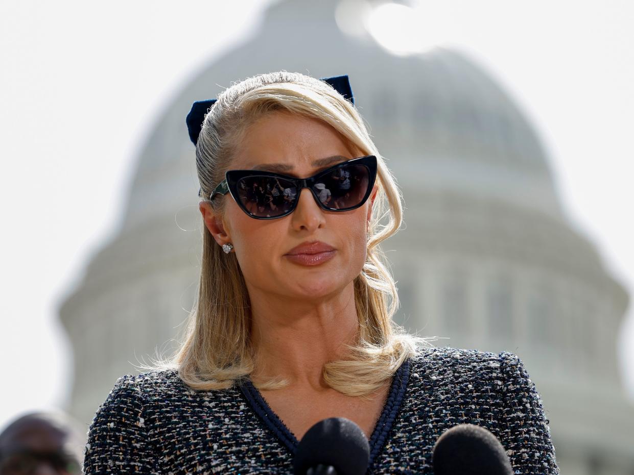 Actress and model Paris Hilton speaks at a press conference outside the U.S. Capitol Building on April 27, 2023 in Washington, DC.