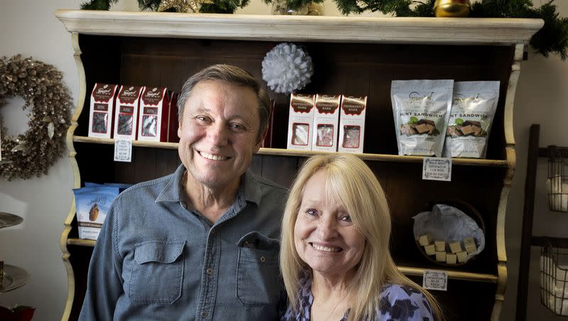 Mike and Linda Staheli, owners of Fernwood Candy, are photographed at Fernwood Candy Company in Logan on Thursday, Nov. 30, 2023.