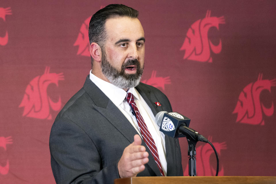New Washington State football coach Nick Rolovich speaks during a news conference after being officially introduced as the head coach on Thursday, Jan. 16, 2020, in Pullman, Wash. (Pete Caster/Lewiston Tribune via AP)