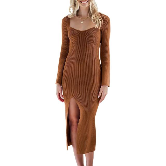 ANRABESS Women's Long Sleeve Ribbed Sweater Dress Turtleneck Slim Fit Slit  Midi Dress : : Clothing, Shoes & Accessories