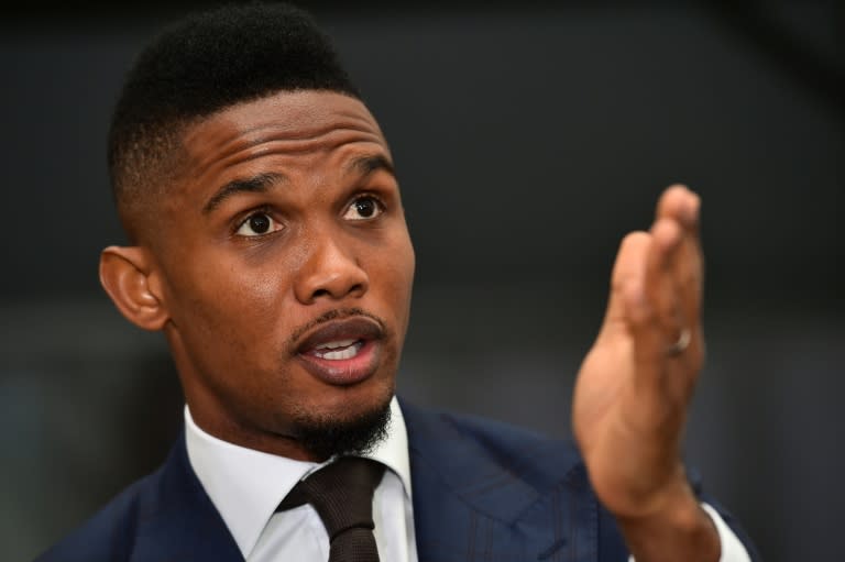 Cameroonian footballer Samuel Eto'o speaks at a gala in London on March 9, 2015