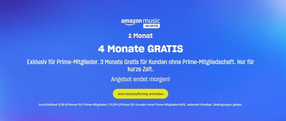 Wer am 10. oder 11. Oktober zuschlägt, kann das riesige Angebot von Amazon Music Unlimited als Prime-Mitglied vier Monate lang umsonst genießen. (Screenshot: Amazon)