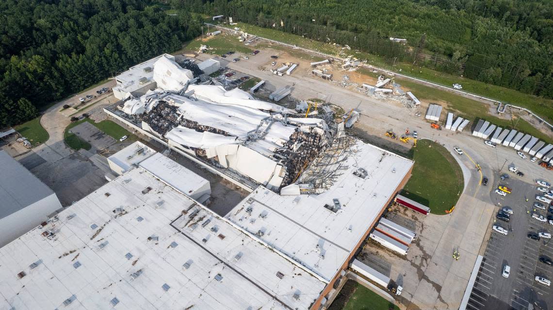 A section of a Pfizer facility in Rocky Mounty sustained heavy tornado damage Wednesday, July, 19, 2023. Travis Long/tlong@newsobserver.com