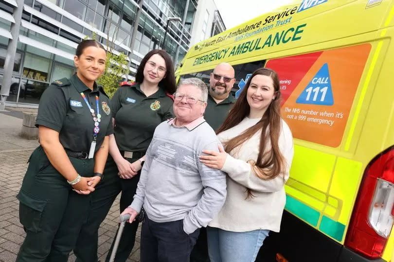 Duncan Stuart and his daughter Jennifer meeting the North East Ambulance crew that saved his life.