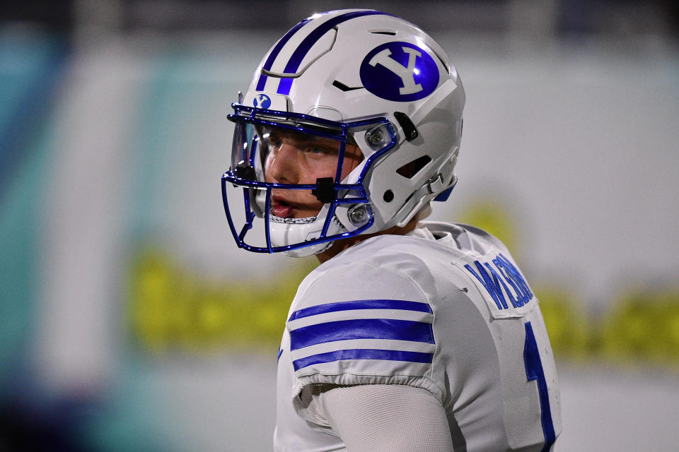 BYU quarterback Zach Wilson looks on prior to the Boca Raton Bowl against Central Florida at FAU Stadium on Dec. 22, 2020. (Mark Brown/Getty Images)