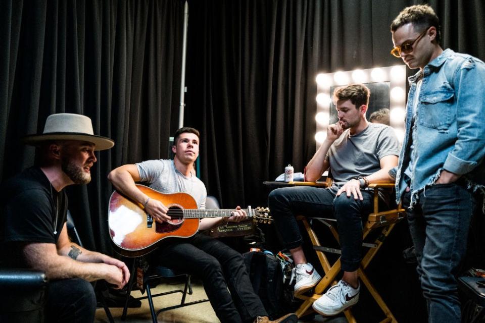 Caleb Miller, Jordan Harvey, Simon Dumas and Chris Deaton of King Calaway are seen backstage during night 1 of the 50th CMA Fest at Nissan Stadium on June 08, 2023 in Nashville, Tennessee.