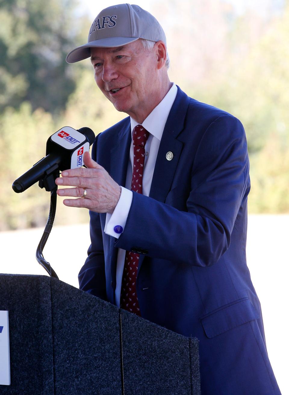 Arkansas Gov. Asa Hutchinson speaks during the groundbreaking on Oct. 13 of the I-49 expansion in Barling, Ark. The expansion is to connect part of the completed project in Sebastian County to the I-49 exchange near Alma in Crawford County including a new bridge across the Arkansas River.