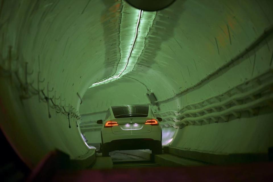 A modified Tesla Model X before an event to unveil the Boring Company’s tunnel in Hawthorne, Calif., on Tuesday, Dec. 18, 2018. It unveiled the first mile-long stretch of the company’s underground vision of a transit system.