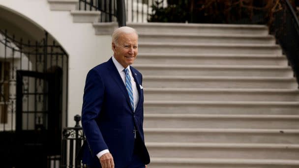 PHOTO: President Joe Biden walks to speak with reporters before boarding Marine One on the South Lawn of the White House, Feb. 9, 2023, in Washington. (Anna Moneymaker/Getty Images)
