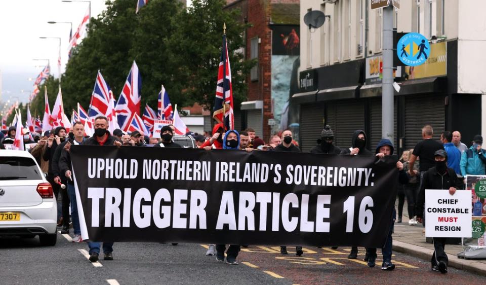 Loyalists during a rally against the Northern Ireland Protocol in Newtownards Road, Belfast (Peter Morrison/PA) (PA Wire)