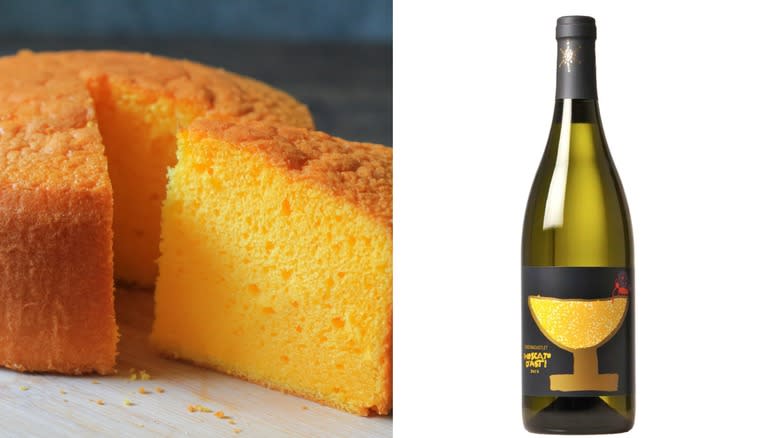 Orange sponge cake and wine bottle