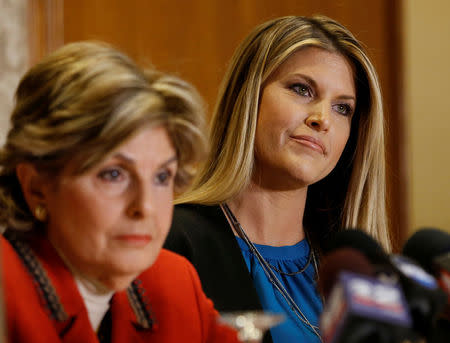 Temple Taggart, (R), Miss Utah 1997, talks to the press with her attorney Gloria Allred, (L), as they talk about allegations against Donald Trump in Salt Lake City, Utah, U.S. October 28, 2016. REUTERS/George Frey