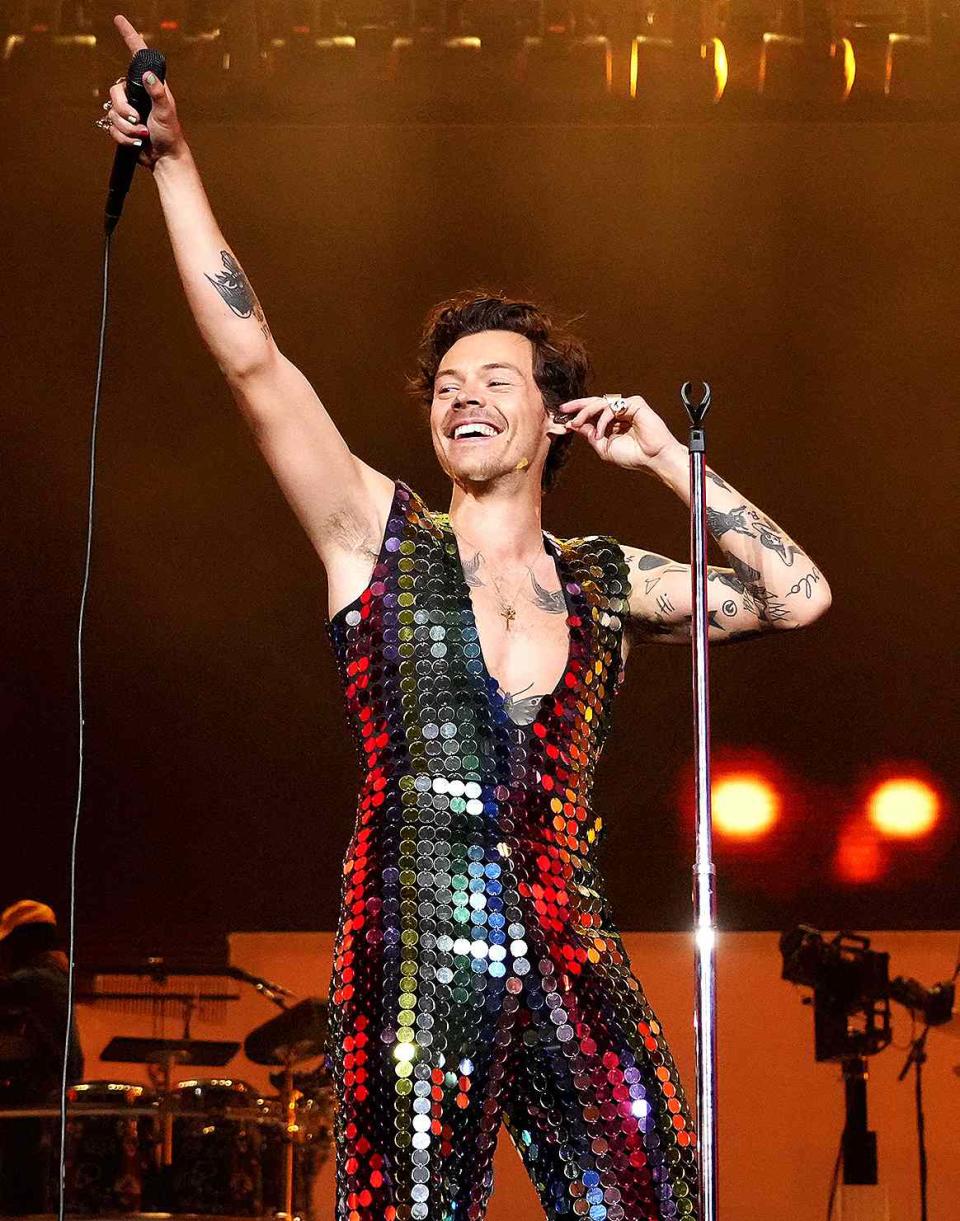 Harry Styles performs onstage at the Coachella Stage during the 2022 Coachella Valley Music And Arts Festival on April 15, 2022 in Indio, California. (