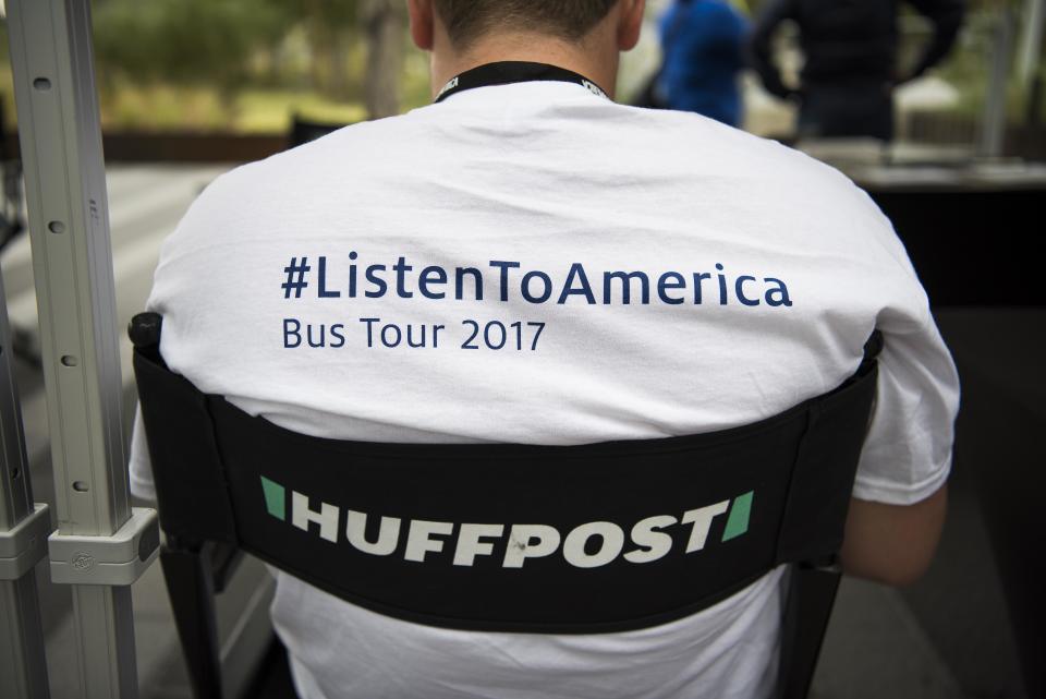 Kevin Kallet&nbsp;wears a branded T-shirt during HuffPost's video activation at Midtown Park in Houston.