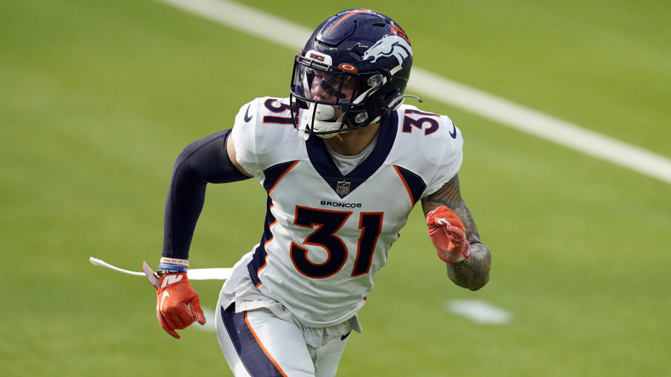 Denver Broncos free safety Justin Simmons (31) warms up before an NFL football game against the Los Angeles Chargers Sunday, Dec. 27, 2020, in Inglewood, Calif. (AP Photo/Ashley Landis)