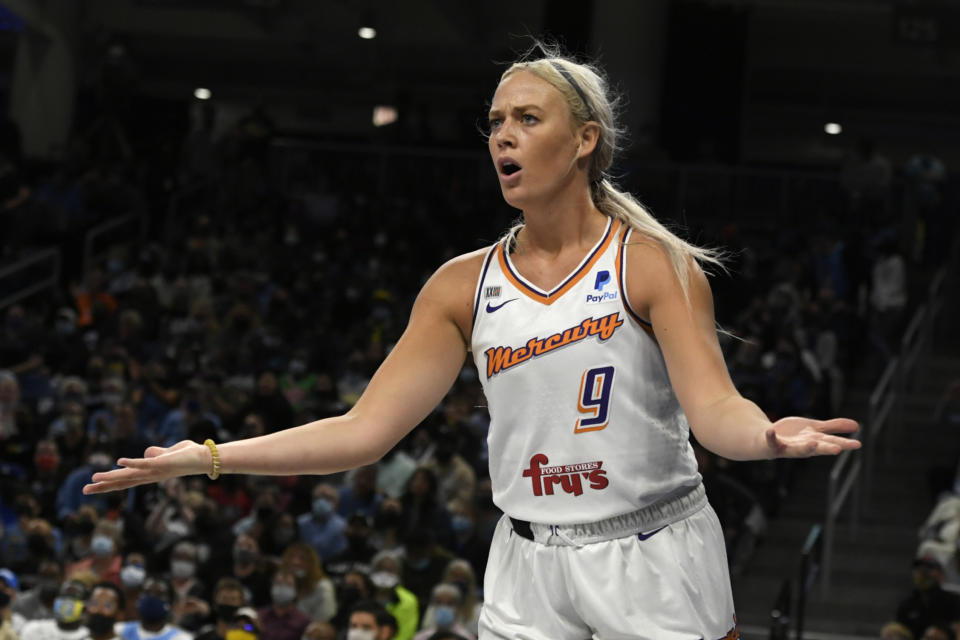 Phoenix Mercury's Sophie Cunningham (9) reacts after fouling Chicago Sky's Allie Quigley during the first half of Game 3 of the WNBA Finals against the Friday, Oct. 15, 2021, in Chicago. (AP Photo/Paul Beaty)