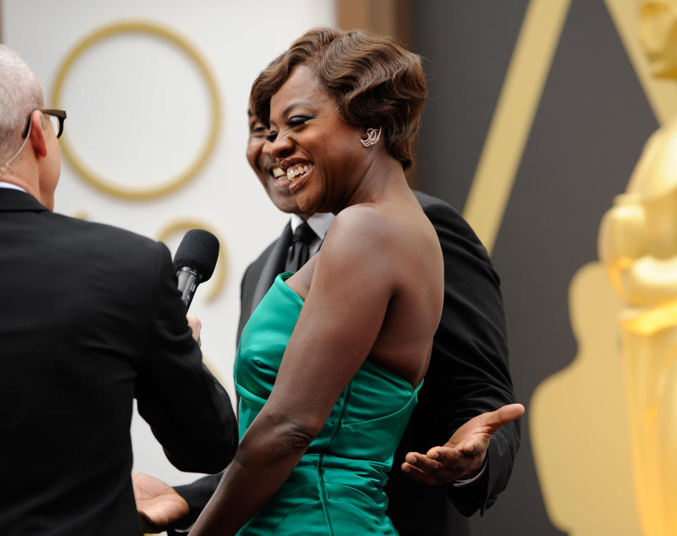 Viola Davis arrives at the Oscars on Sunday, March 2, 2014, at the Dolby Theatre in Los Angeles. (Photo by Chris Pizzello/Invision/AP)