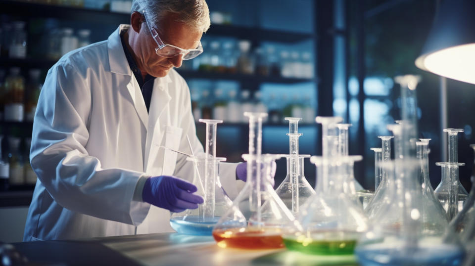 A close-up of a chemist in a white lab coat, mixing raw materials for specialty products.