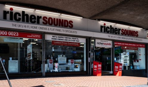 <span class="caption">Richer Sounds which will become the second most well-known employee-owned company after John Lewis.</span> <span class="attribution"><a class="link " href="https://www.shutterstock.com/download/confirm/1344687110" rel="nofollow noopener" target="_blank" data-ylk="slk:Roger Utting/Shutterstock;elm:context_link;itc:0;sec:content-canvas">Roger Utting/Shutterstock</a></span>