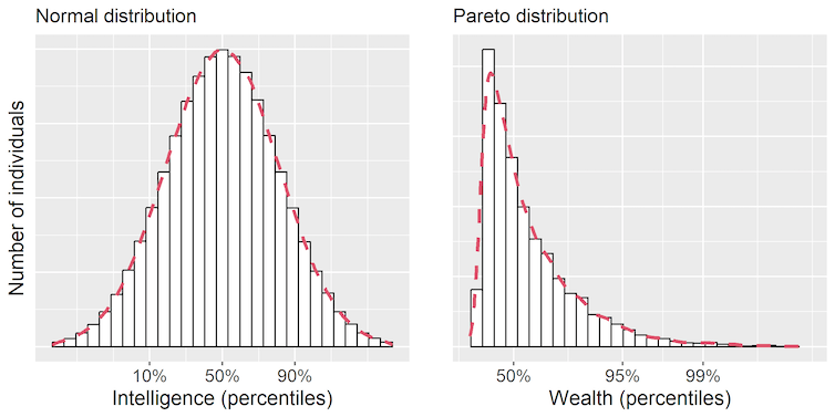 Graph showing the distribution of intelligence (left panel) and wealth (right panel; values in log scale)