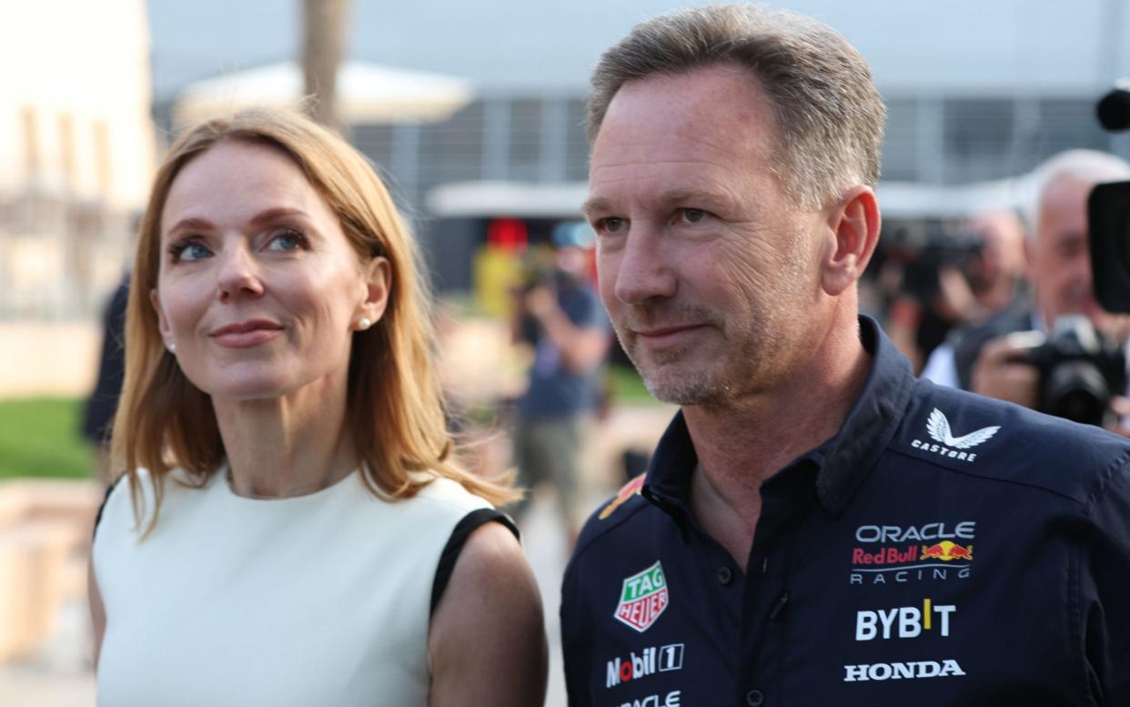 Team chief Christian Horner (R) of Red Bull Racing and his wife Geri Halliwell arrive before the Formula One Bahrain Grand Prix, at Bahrain International Circuit in Sakhir, Bahrain, 02 March 2024