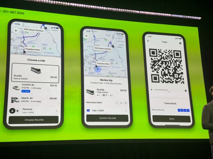 Screenshots of user experience for new Uber Shuttle product, presented at Uber Go-Get 2024.