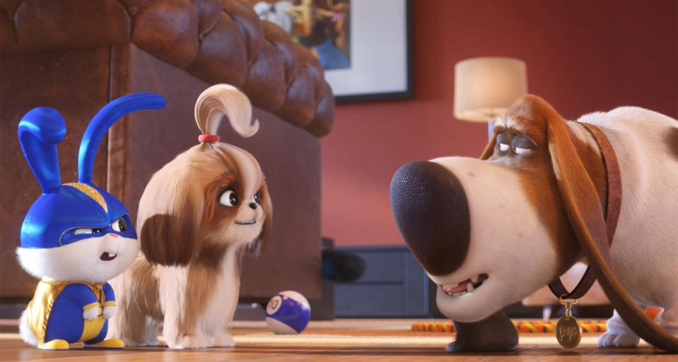 This image released by Universal Pictures shows, from left, Snowball, voiced by Kevin Hart, Daisy, voiced by Tiffany Haddish and Pops, voiced by Dana Carvey in a scene from "The Secret Life of Pets 2." (Illumination Entertainment/Universal Pictures via AP)