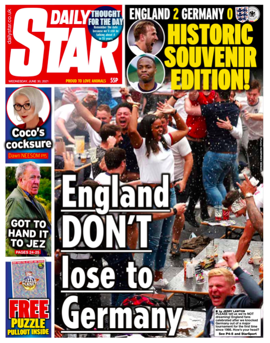 With a picture of ecstatic fans celebrating, the Daily Star quip on the rare occurrence of England not losing to rivals Germany