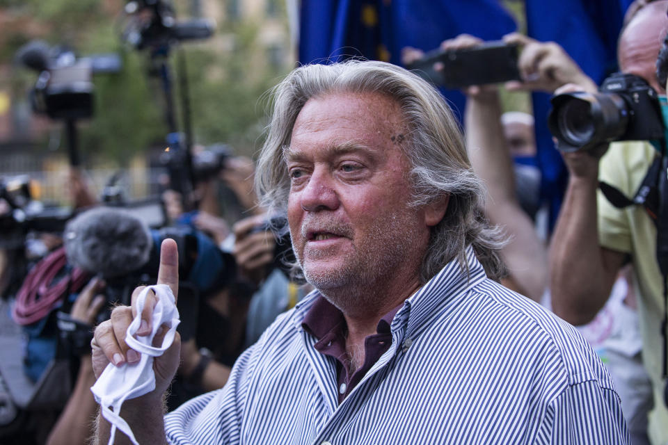 President Donald Trump's former chief strategist Steve Bannon speaks with reporters after pleading not guilty to charges that he ripped off donors to an online fundraising scheme to build a southern border wall, Thursday, Aug. 20, 2020, in New York. (AP Photo/Eduardo Munoz Alvarez)