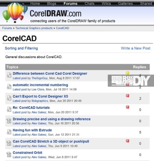 圖 / CorelCAD在官網下還有一個專屬社群，專門用來讓使用者討論CorelCAD相關的使用心得或問題， 有許多寶可以挖，對初學者來說幫助相當大，不過目前大多數都還是英文的討論串。