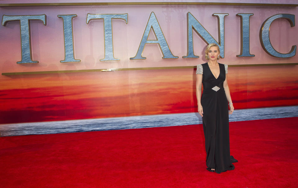 Actress Kate Winslet arrives at the 'Titanic 3D' UK film premiere at the Royal Albert Hall in Kensington, West London, Tuesday, March 27, 2012. The re-launch of the Titanic 3D version comes 15 years after the film was a huge box office hit. (AP Photo/Joel Ryan)