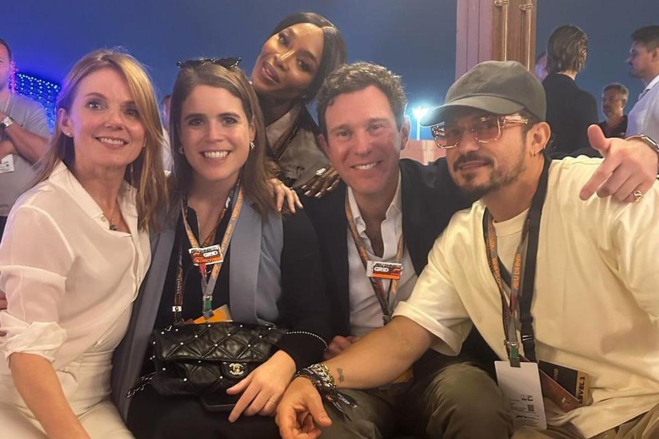 <p>Geri Halliwell/Instagram</p> Geri Halliwell-Horner, Princess Eugenie, Naomi Campbell, Jack Brooksbank and Orlando Bloom at the Abu Dhabi Grand Prix.