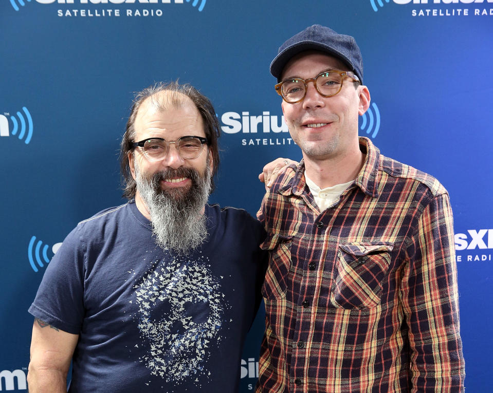 NEW YORK, NY - APRIL 18:  SiriusXM Host Steve Earle and Justin Townes Earle on 'Steve Earle: Hardcore Troubadour Radio' on SiriusXM's Outlaw Country at SiriusXM Studios on April 18, 2017 in New York City.  (Photo by Robin Marchant/Getty Images)