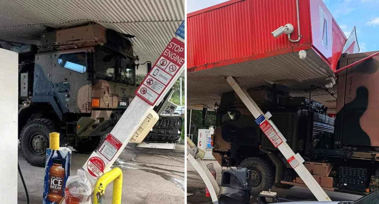 An Australian Army vehicle pictured smashing through an Ampol petrol station. 