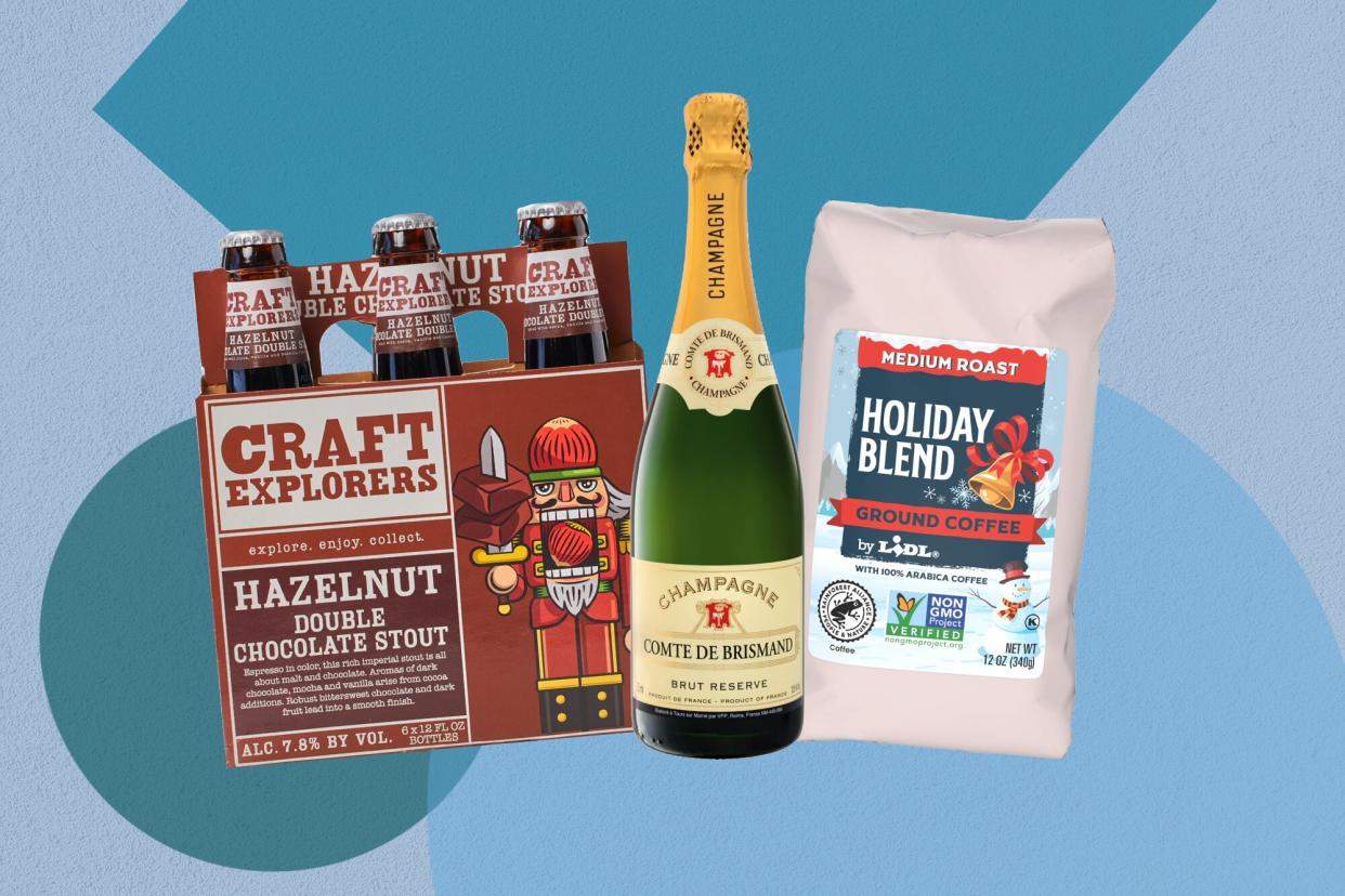 a collage of Lidl items that include Craft Explorers Hazelnut Double Chocolate Stout, Comte De Brismand champagne, and the Holiday Blend ground coffee