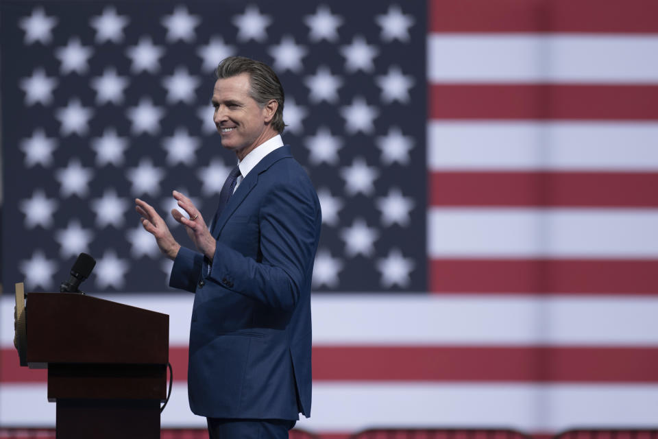 CORRECTS SPELLING OF SURNAME TO NEWSOM - Governor Gavin Newsom speaks during his inauguration in the Plaza de California in Sacramento, Calif., Friday, Jan. 6, 2023. (AP Photo/José Luis Villegas)