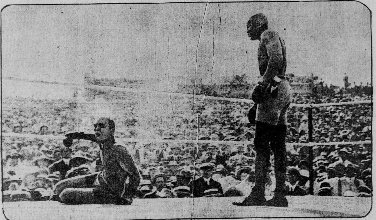 Black heavyweight champion Jack Johnson, right, beat James Jeffries in 1910, sparking racial violence. <a href="https://chroniclingamerica.loc.gov/lccn/sn85066387/1910-07-06/ed-1/seq-9/" rel="nofollow noopener" target="_blank" data-ylk="slk:George Haley, San Francisco Call, via University of California, Riverside, via Library of Congress;elm:context_link;itc:0;sec:content-canvas" class="link ">George Haley, San Francisco Call, via University of California, Riverside, via Library of Congress</a>