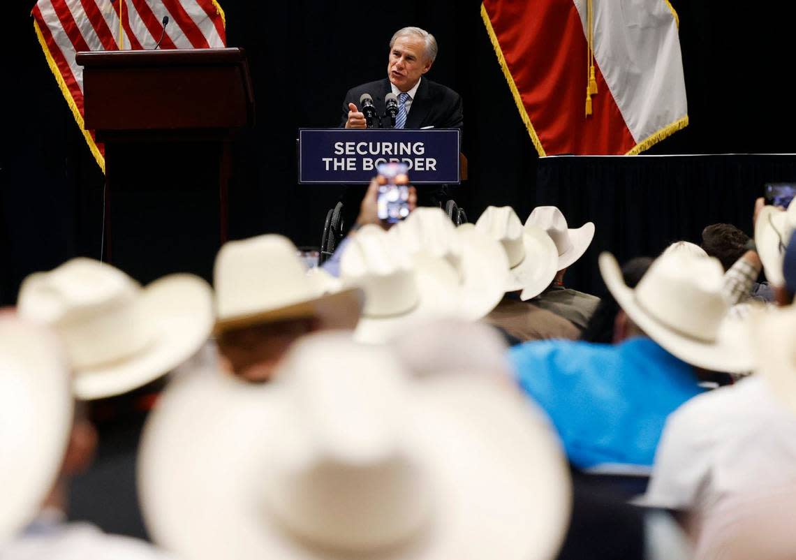 Governor Greg Abbott speaks at the Sheriffs’ Association of Texas 2024 Annual Training Conference held at the Fort Worth Convention Center on Tuesday.