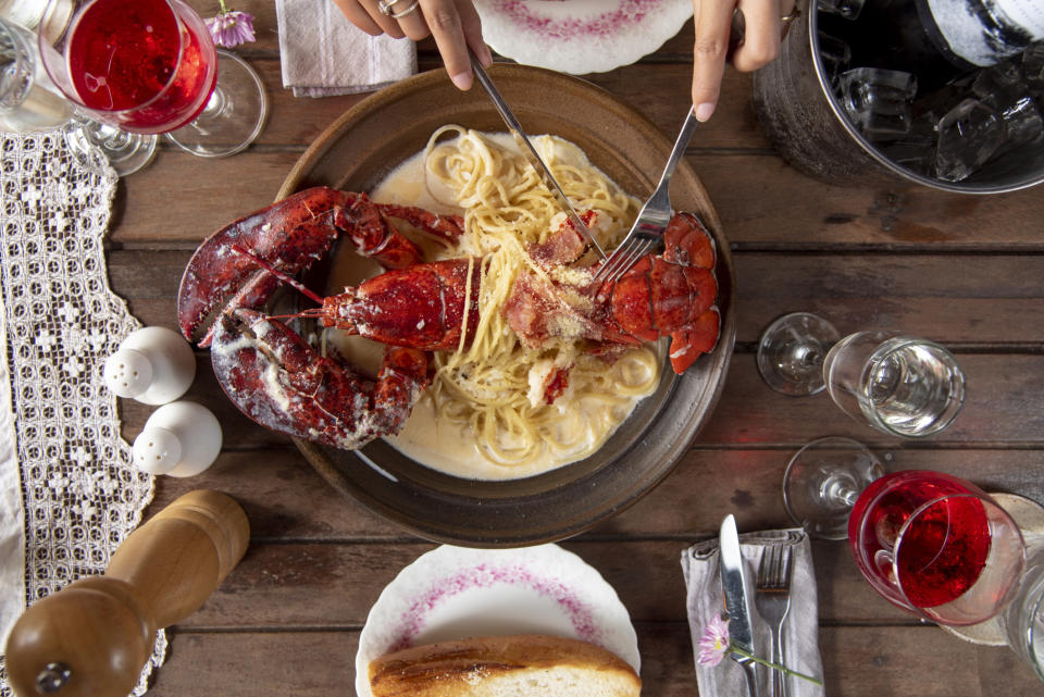 Lobster pasta on a table.